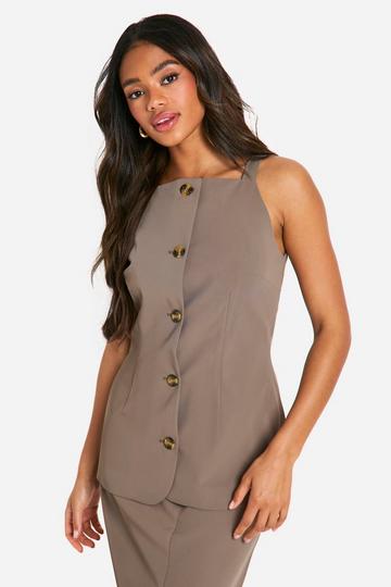 High Square Neck Longline Waistcoat mocha