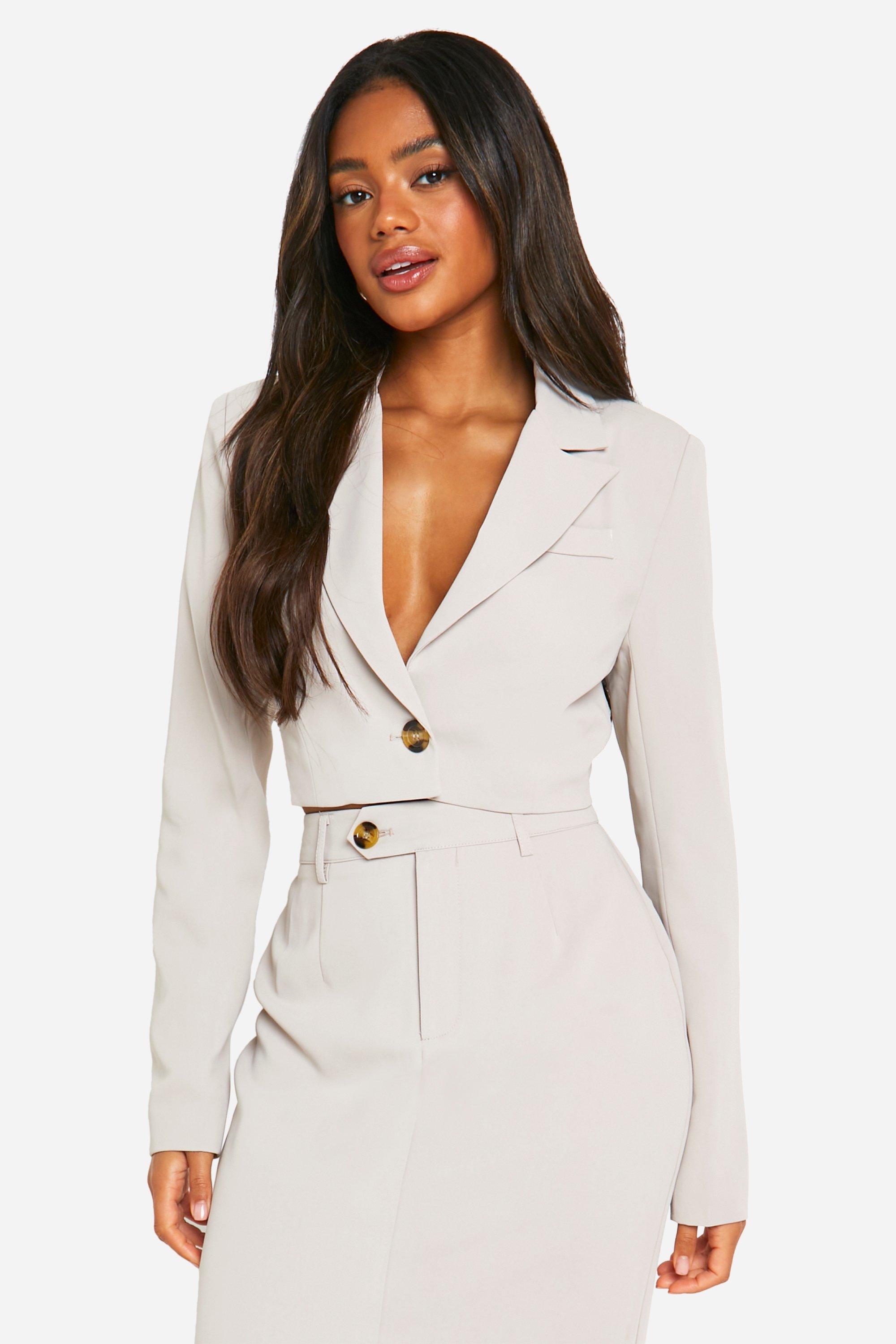 Stone Oversized Cropped Boxy Tailored Blazer