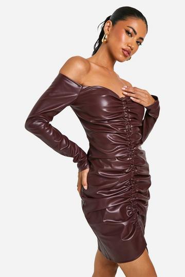 Faux Leather Ruched Mini Dress chocolate