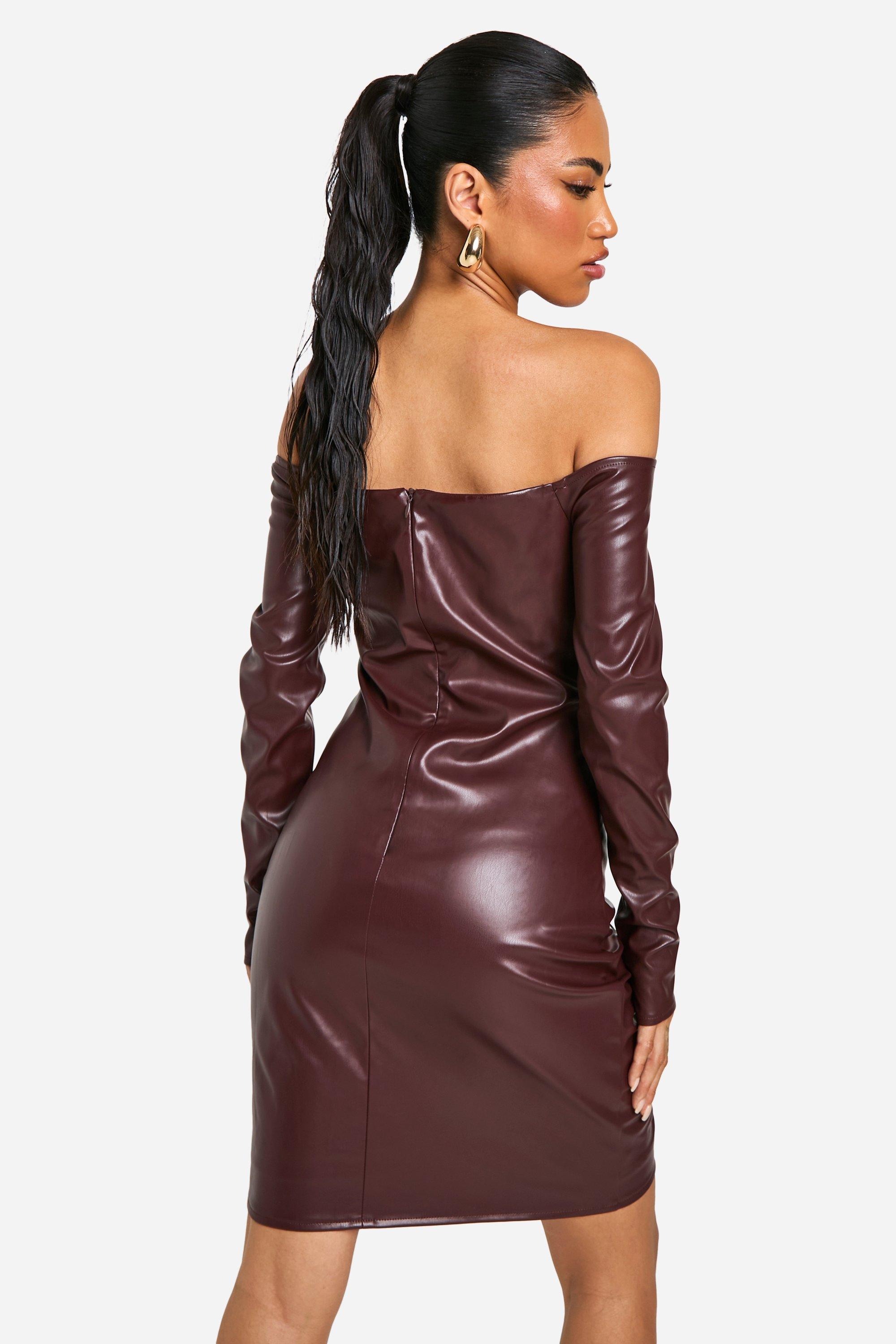 Faux Leather Ruched Mini Dress boohoo