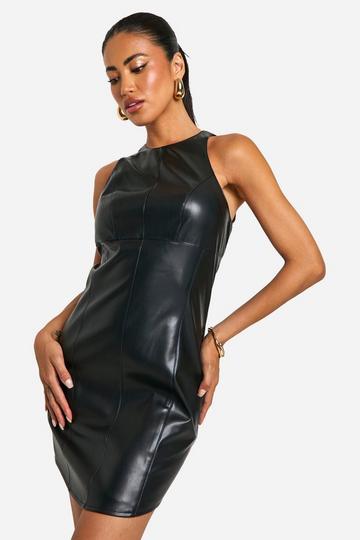 Black Faux Leather Racer Neck Mini Dress