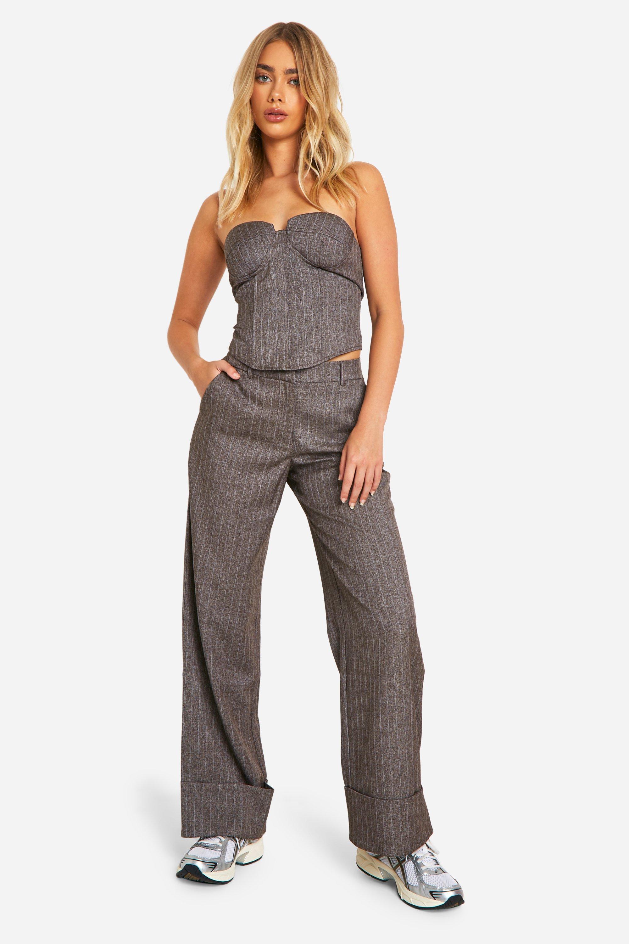 Chocolate Premium Pinstripe Turn Cuff Wide Leg Trousers