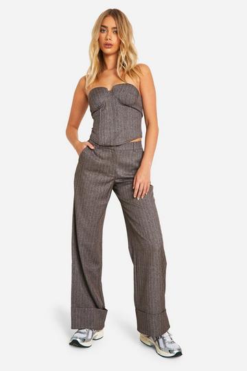 Premium Pinstripe Turn Cuff Wide Leg Pants chocolate