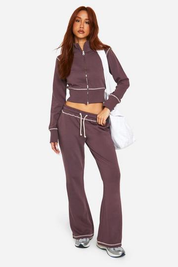 Chocolate Brown Contrast Stitch Shrunken Top And Flared Sweatpant Tracksuit