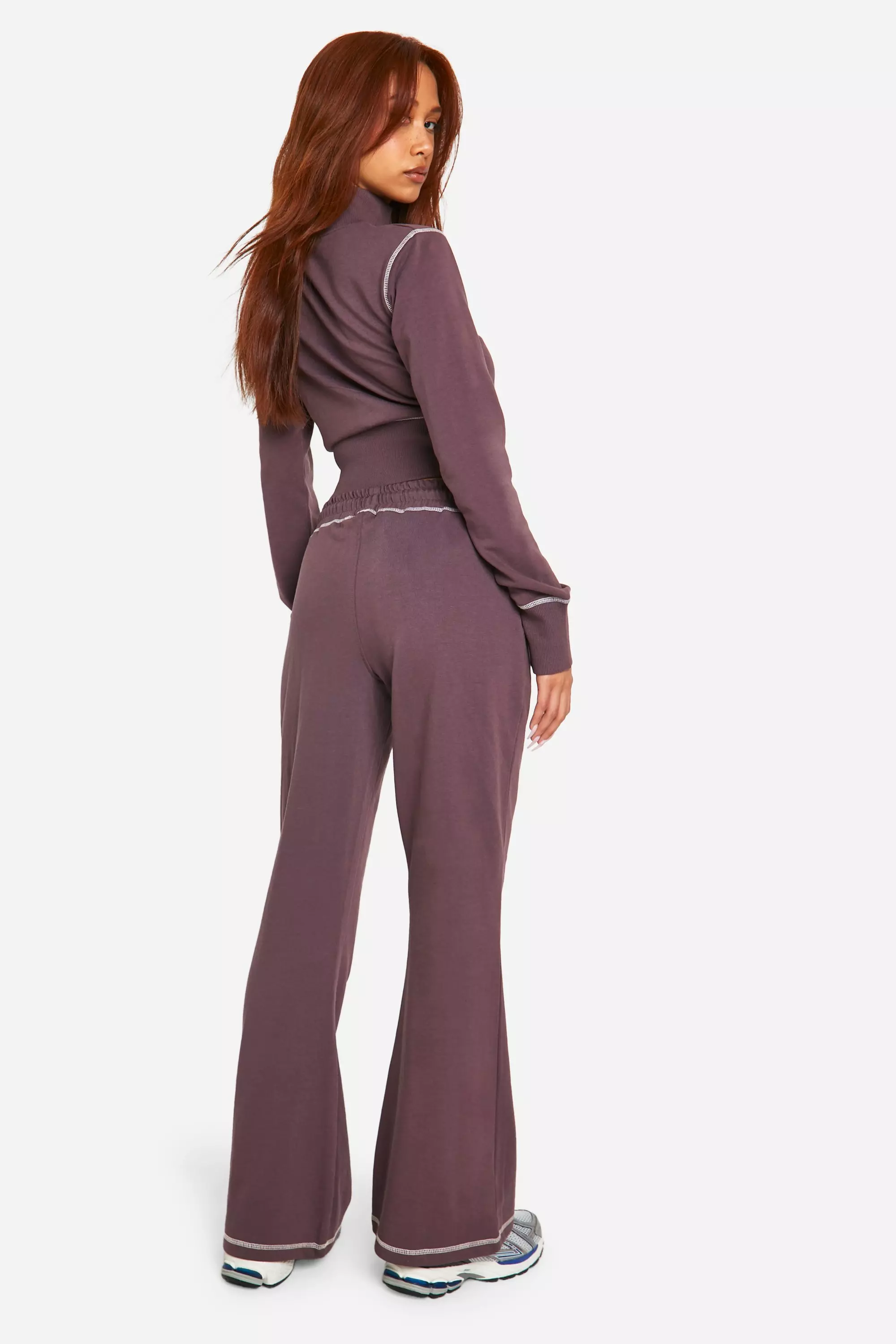 Chocolate Contrast Stitch Shrunken Top And Flared Jogger Tracksuit alternative image