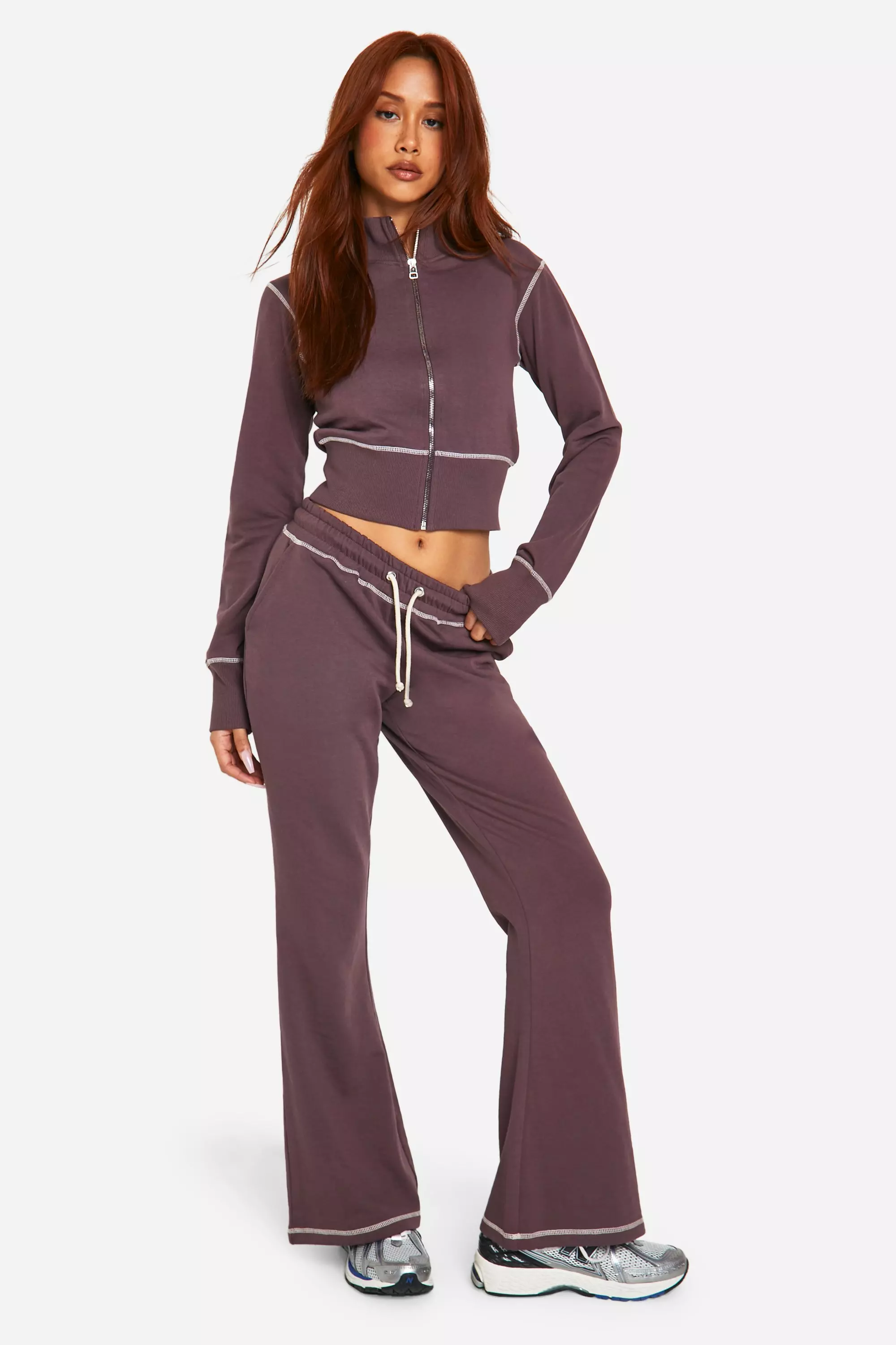 Chocolate Contrast Stitch Shrunken Top And Flared Jogger Tracksuit alternative image