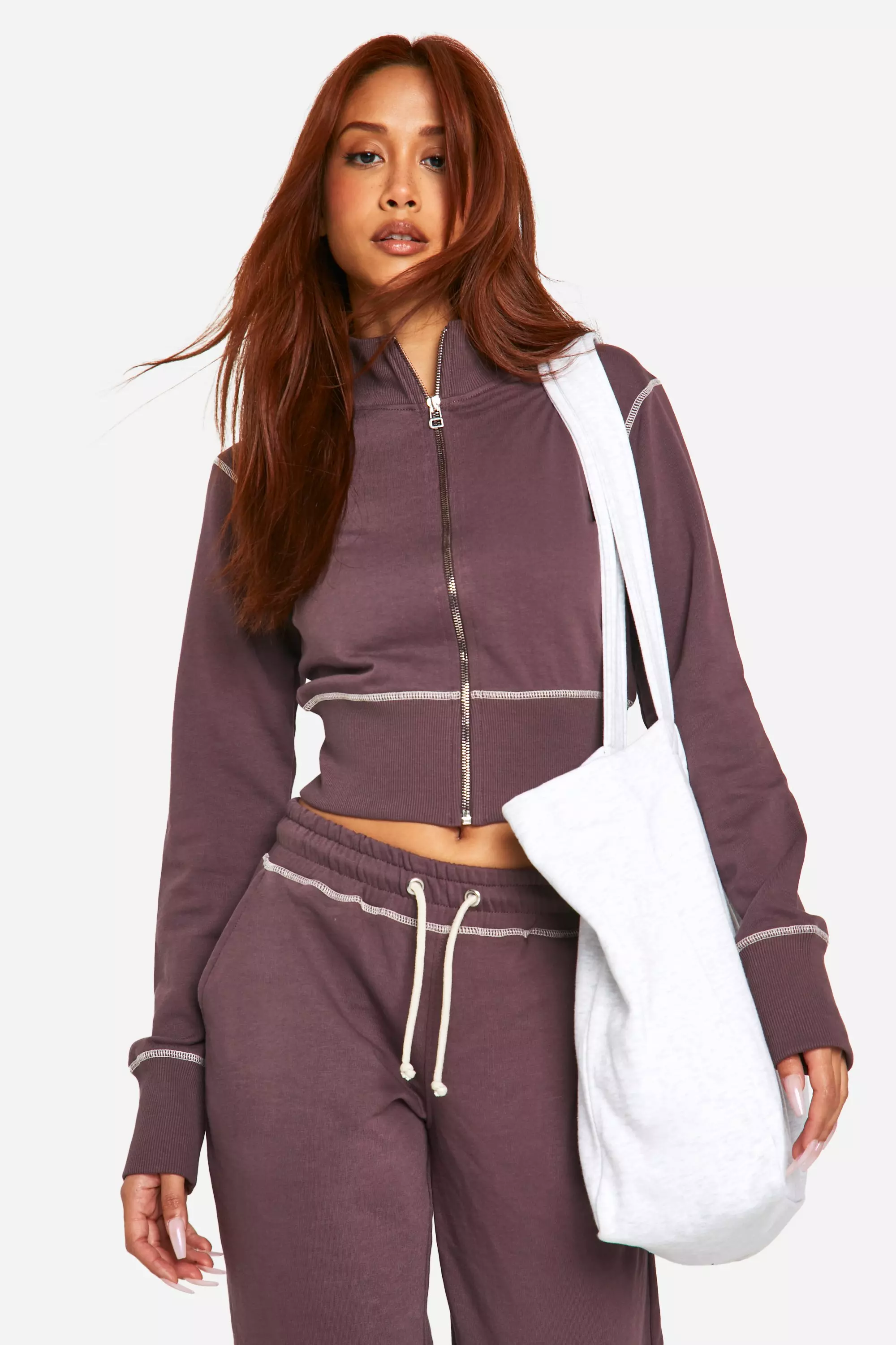 Chocolate Contrast Stitch Shrunken Top And Flared Jogger Tracksuit alternative image