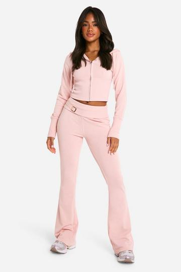 Deep Hem Shrunken Zip Through And Flared Jogger Tracksuit baby pink