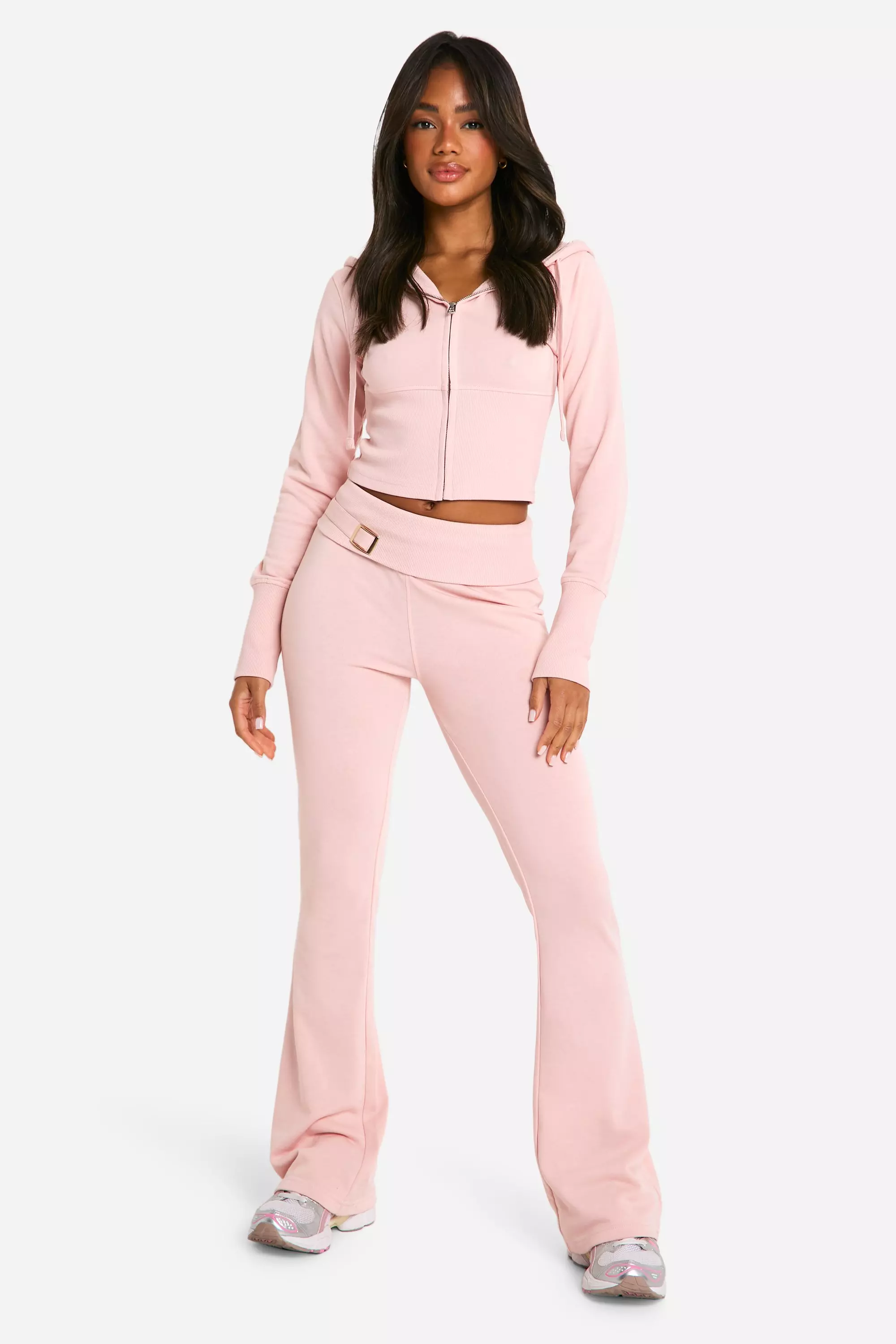 Baby pink Deep Hem Shrunken Zip Through And Flared Jogger Tracksuit  alternative image