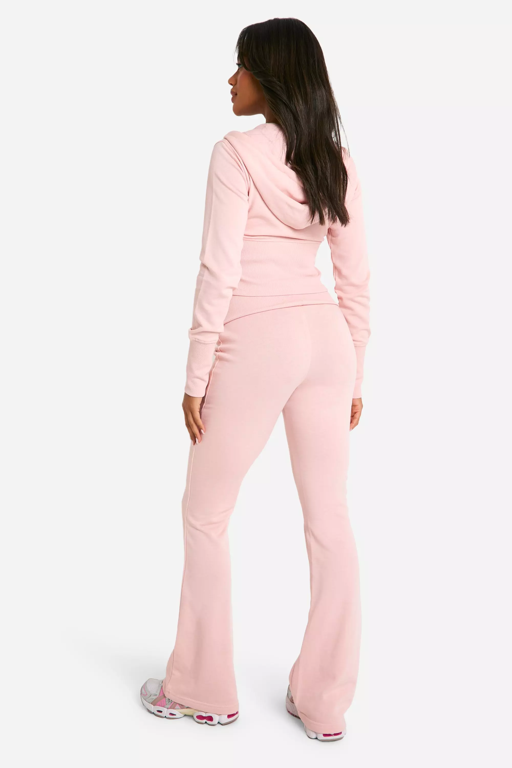 Baby pink Deep Hem Shrunken Zip Through And Flared Jogger Tracksuit  alternative image