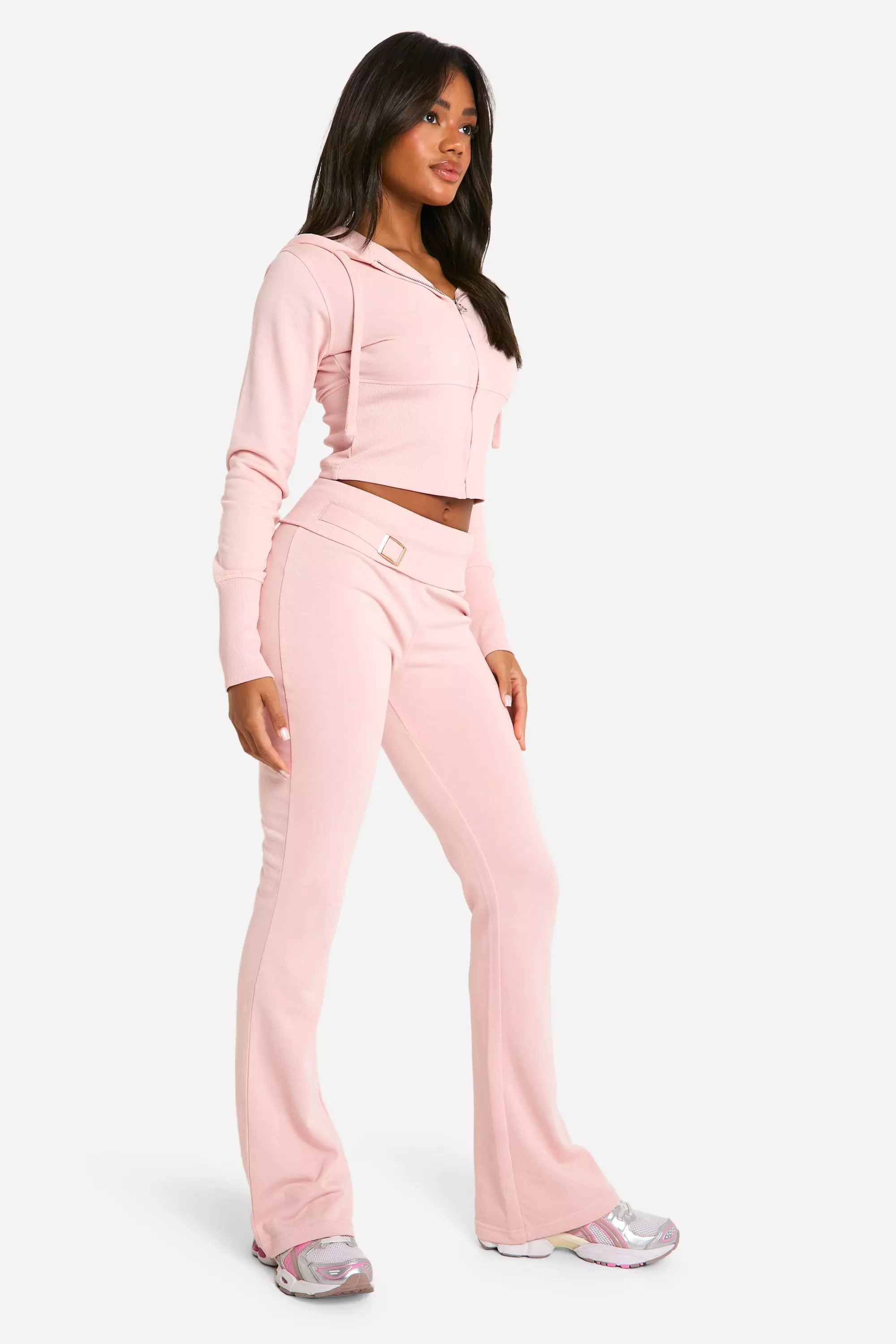 Baby pink Deep Hem Shrunken Zip Through And Flared Jogger Tracksuit  alternative image