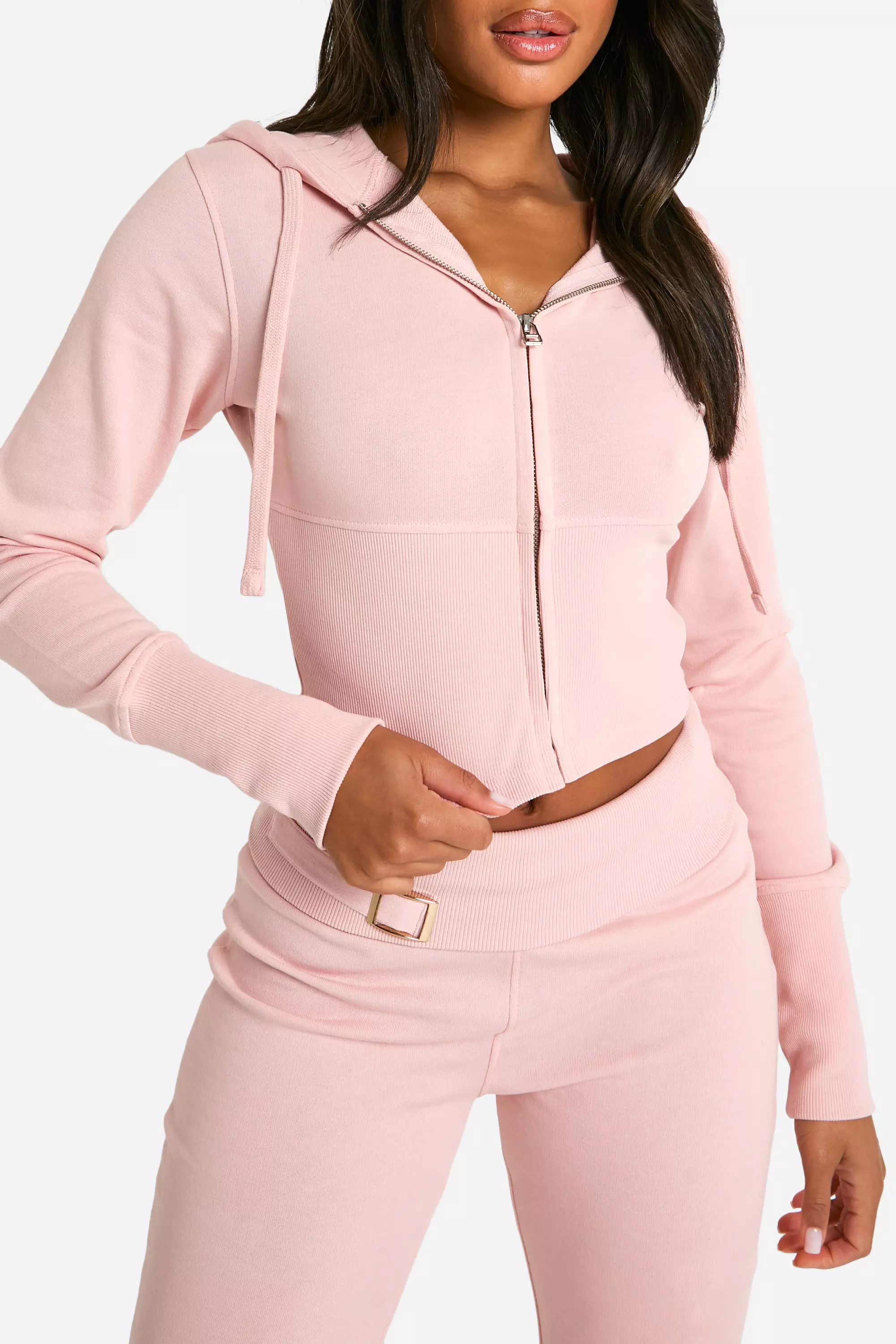 Baby pink Deep Hem Shrunken Zip Through And Flared Jogger Tracksuit  alternative image