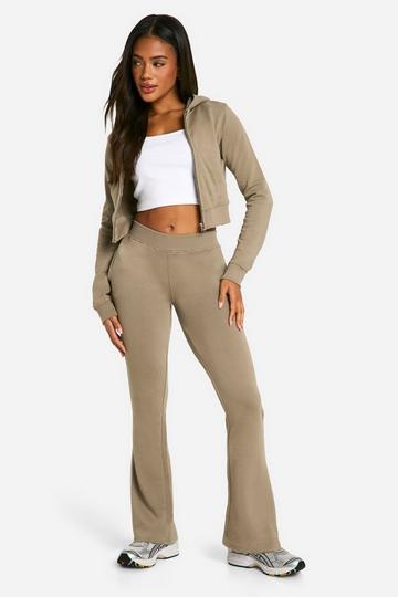 Shrunken Zip Through Hoodie And Flared Jogger Set washed khaki