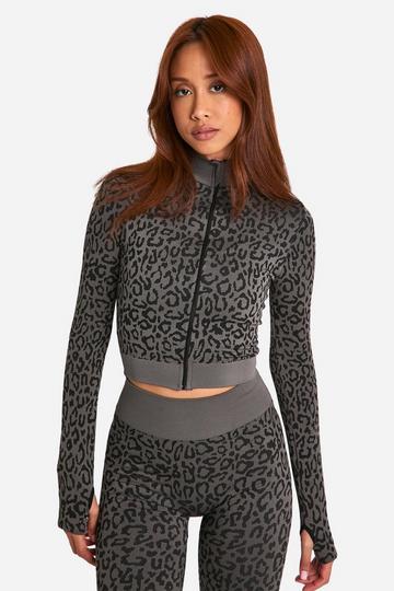 Leopard Print Seamless Zip Through Jacket charcoal