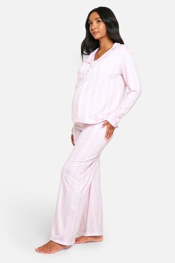 Maternity Stripe Shirt And Trouser Pyjama Set pink