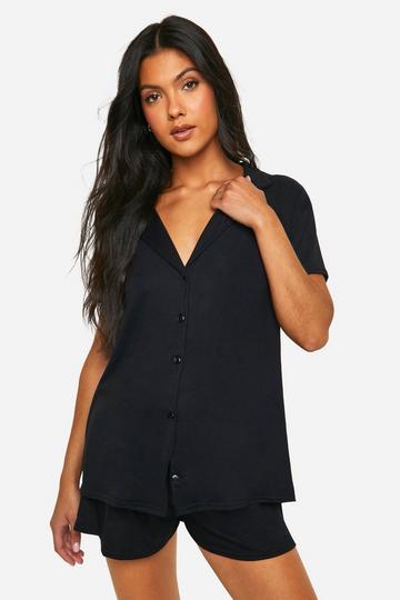 Black Maternity Peached Button Down Shirt And Short Pj Set