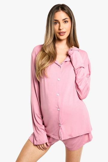 Maternity Peached Button Down Long Sleeve Shirt & Short PJ Set mauve