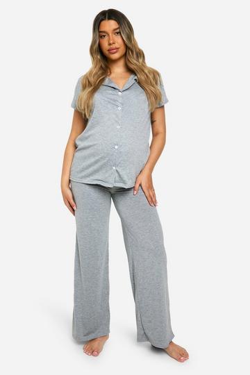 Grey Maternity Peached Button Down Short Sleeve Shirt & Trouser PJ Set