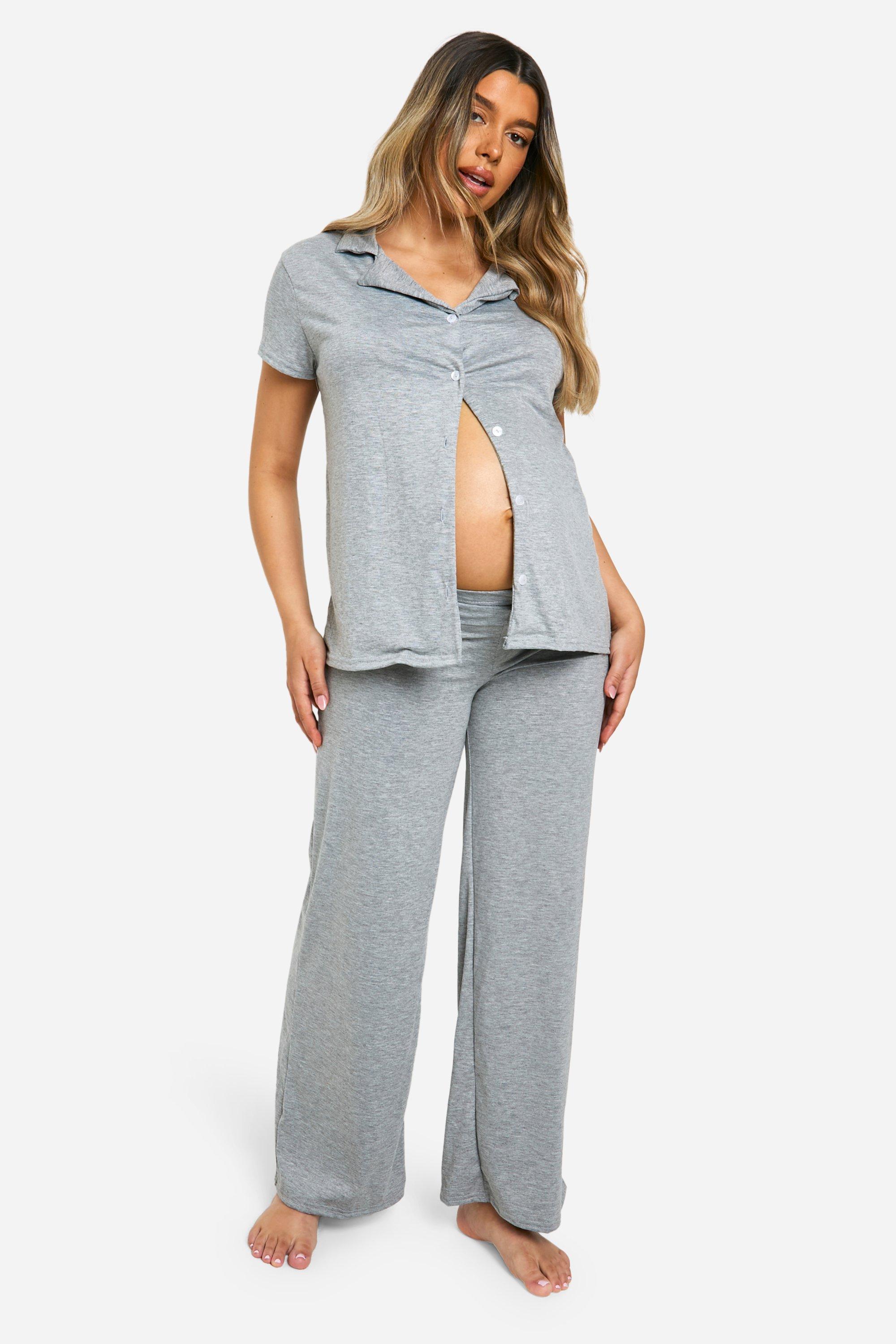 Maternity Peached Button Down Short Sleeve Shirt Trouser PJ Set boohoo