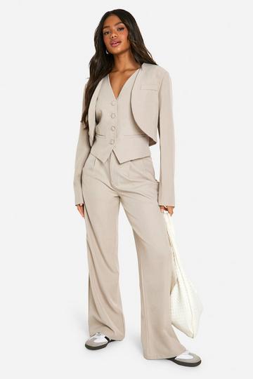 Stone Beige Marl Relaxed Fit Wide Leg Trousers