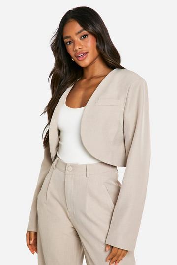 Stone Beige Marl Curved Lapel Cropped Tailored Blazer