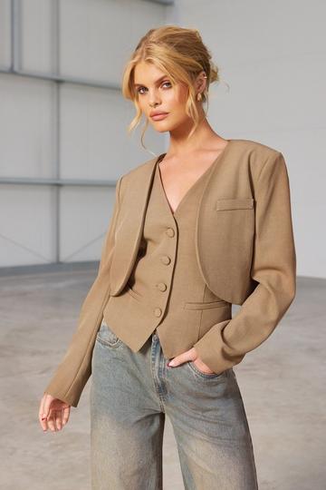 Marl Curved Lapel Cropped Tailored Blazer mocha