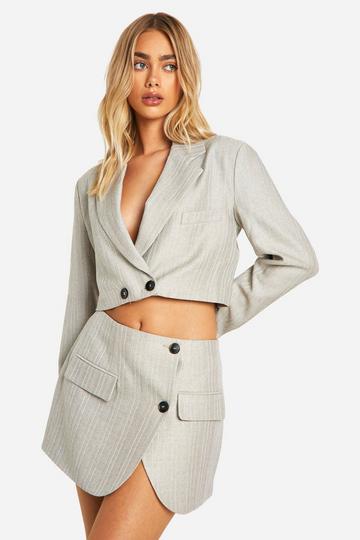 Stone Beige Premium Pinstripe Boxy Cropped Blazer