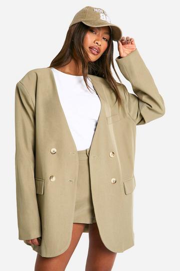 Marl Collarless Relaxed Fit Blazer khaki