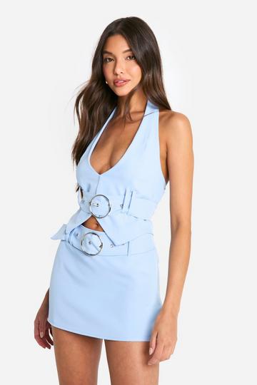 Woven Belted Halter Vest powder blue