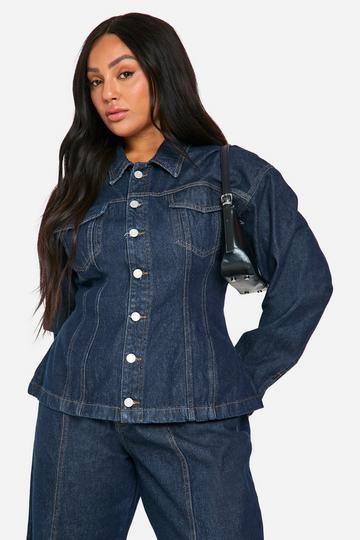 Plus Cinched Waist Contrast Stitch Raw Indigo Denim Jacket dark indigo