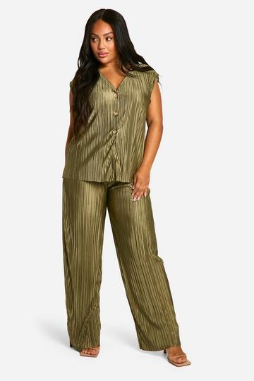 Plus Plisse Waistcoat & Trouser Wide Leg Co Ord light khaki