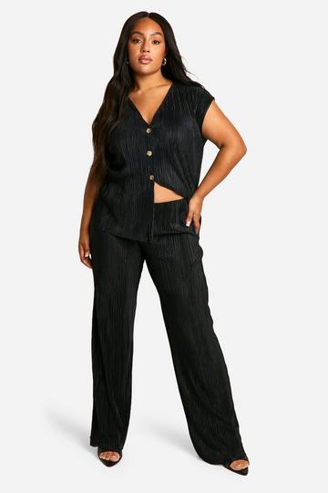 Plus Plisse Waistcoat & Trouser Wide Leg Co Ord black