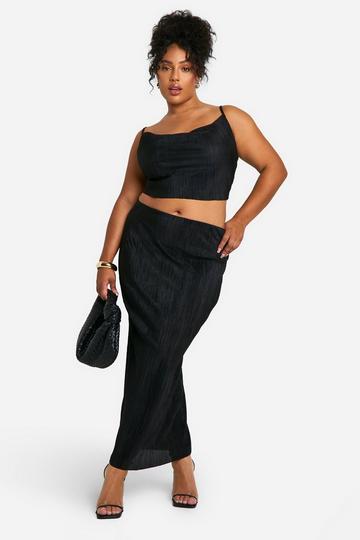 Plus Plisse Cami Top & Midaxi Skirt Co Ord black