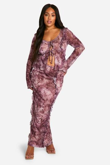 Plus Snake Print Mesh Ruffle Top & Maxi Skirt Two-Piece burgundy