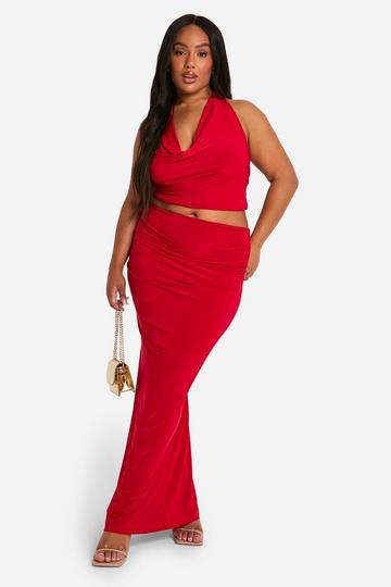 Plus Double Slinky Halterneck Cowl Neck Top & Maxi Skirt Co Ord red