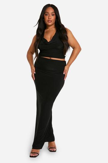 Plus Strakke Top Met Halter Neck En Waterval Hals En Maxi Rok Set black