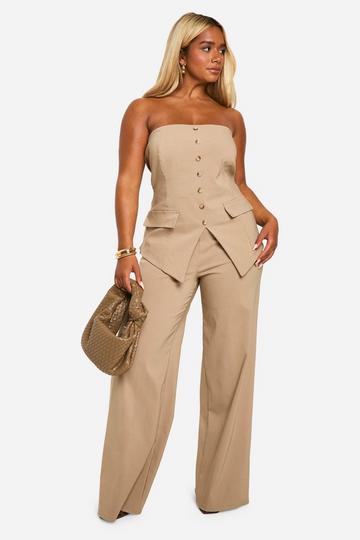 Plus Super Stretch Bandeau Longline Vest & Wide Leg Pants camel