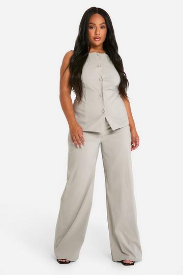 Plus Super Stretch Fitted Long Line Waistcoat & Wide Leg Trousers taupe