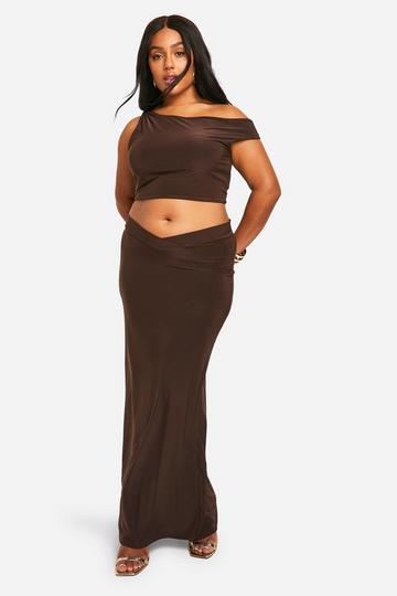 Plus Double Slinky Dropped Shoulder Top & V Waistband Maxi Skirt Co Ord chocolate