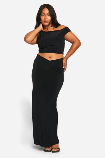 Plus Double Slinky Dropped Shoulder Top & V Waistband Maxi Skirt Co Ord black