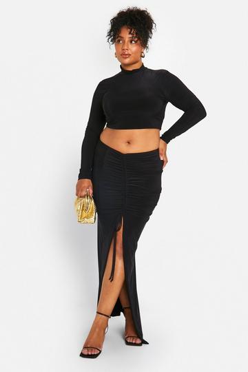 Plus Strakke Top Met Lange Mouwen En Geplooide Rok Set black