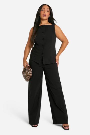 Plus Super Stretch Fitted Long Line Waistcoat & Wide Leg Pants black