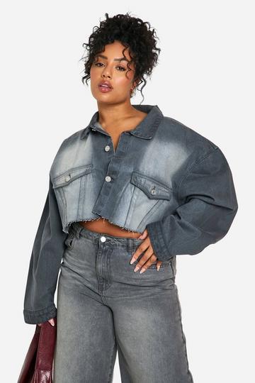 Plus Denim Washed Cropped Jacket grey