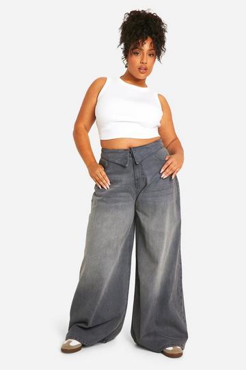 Plus Denim Fold Over Waistband Detail Wide Leg Trouser grey