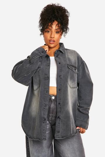 Grey Plus Oversized Longline Denim Shirt