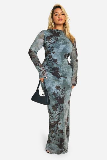 Plus Blauwe Mesh Bloemen Maxi Jurk Met Laag Uitgesneden Rug green