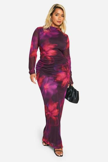 Plus Floral Mesh Low Back Maxi Dress purple