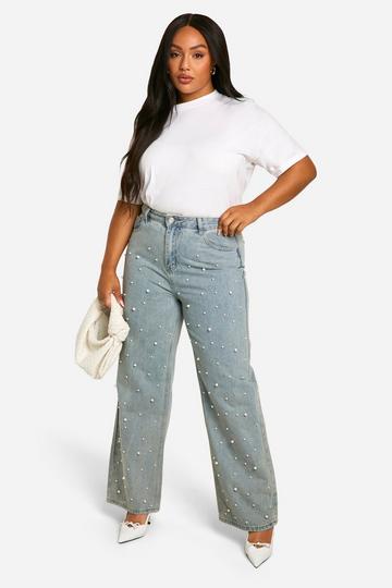 Plus Pearl Detail Wide Leg Jeans light wash