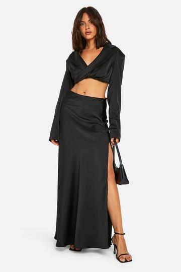 Satin Slip Extreme Split Maxi Skirt black