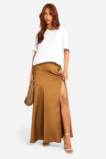 Satin Slip Extreme Split Maxi Skirt chocolate